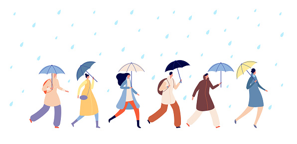 People walking rainy weather. Adult with umbrella, man girl walk on rain. Autumn season water drops, adult person go in storm vector concept