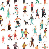 People walking seamless pattern. Women men children group person walk city crowd family park outdoor activity, flat vector background
