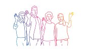People waving hand. Rainbow colors in linear vector illustration.