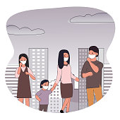 People wearing protective face masks Character Medical Health care concept, Fine dust, PM 2.5, air pollution, industrial smog, pollutant gas emission. Girls wearing mask due to infection of virus.People in medical masks protect against infection.Family disease prevention.Vector illustration. Eps10