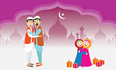 Happy Muslims celebrating Eid-Al-fitr concept illustration vector.