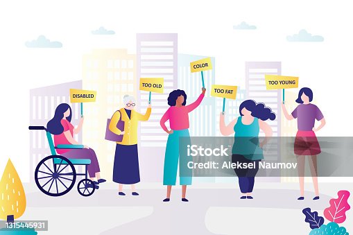 istock People with different characteristics at demonstration with posters. Discrimination women with different features 1315445931