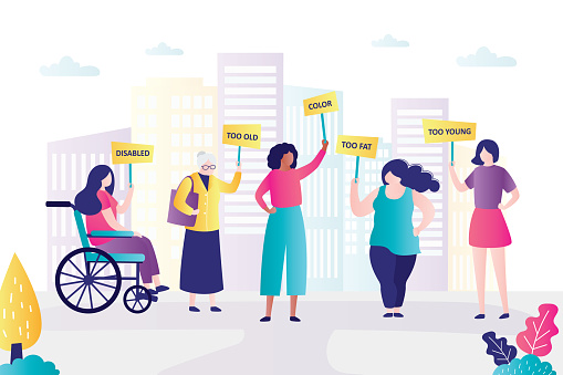 People with different characteristics at demonstration with posters. Discrimination women with different features. Equal rights and opportunities for all races and genders. Flat vector illustration