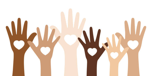ilustrações, clipart, desenhos animados e ícones de pessoas com cores de pele diferentes levantando as mãos. conceito de unidade. - diversidade