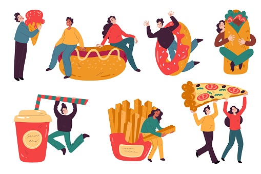 People with fast food. Funny happy characters holding hot dog and donut. French fries and big pizzas piece. Man eating ice cream. Woman hugging big burrito. Vector unhealthy street meal and drinks set