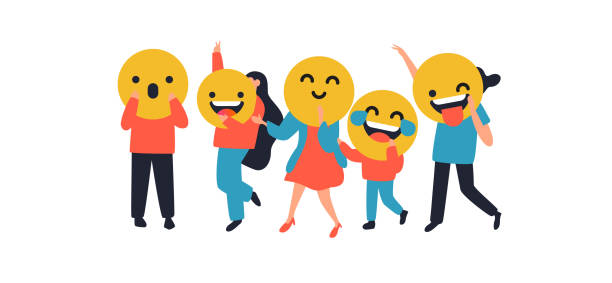 People with funny yellow face icon People with funny emoticon face icons on isolated background. Social expression concept includes laugh, smile, tongue wink. laugh stock illustrations