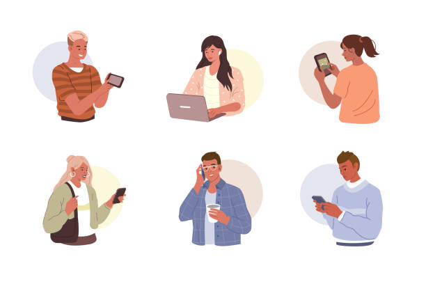 people with gadgets Young People using Smartphones, Laptops and Tablets for Chatting and Conversation. Happy Boys and Girls talking and typing on Phones. Female and Male Characters set. Flat Cartoon Vector Illustration. woman using phone stock illustrations