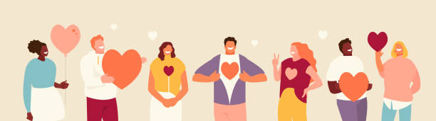 People with hearts in their hands Smiling people group holding hearts. Valentine s Day. Love and volunteering vector illustration valentines day holiday illustrations stock illustrations