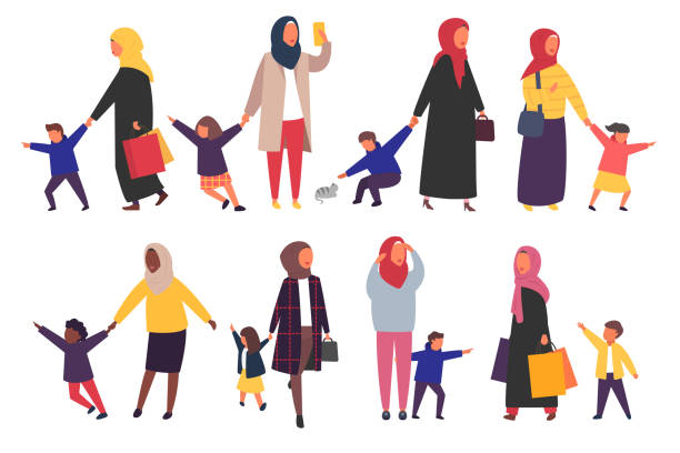 People with kids. Busy parents with naughty children. Vector illustration. Muslim women with kids. Busy tired parents with naughty children set. Vector characters illustration. hijab stock illustrations