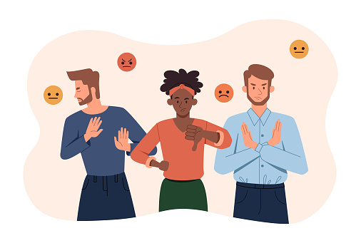 People with negative gestures. Bad atmosphere in team, dissatisfaction. Dislike and stop, refusing. People disagree, rejection signs. Cartoon flat vector illustration isolated on white background
