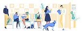 People with Pets Come to Veterinary Clinic for Treatment. Men and Women Characters with Cats, Dogs, Parrot Waiting Doctor Appointment. Animals Hospital, Medicine. Cartoon Flat Vector Illustration