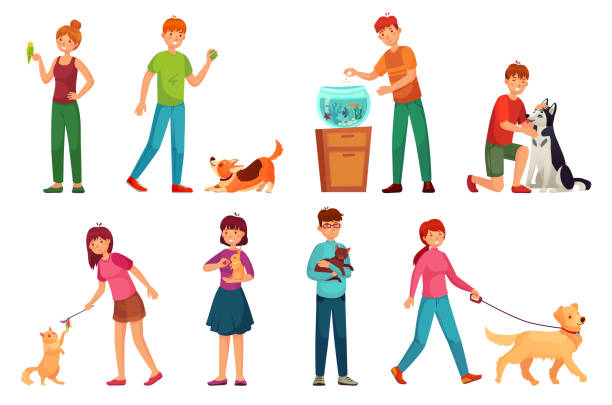 People with pets. Playing with dog, happy pet and dogs owners cartoon vector illustration set People with pets. Playing with dog, happy pet and dogs owners. Animal lovers, domestic rabbit, cats or animals owner characters hugging pets. Cartoon vector illustration isolated icons set domestic animals stock illustrations