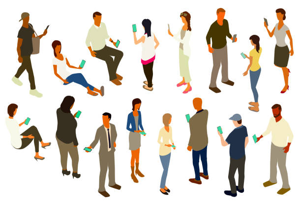 People with smartphones stickersheet 16 people hold and use smartphones in this isometric illustration, shown on a white background. black woman using phone stock illustrations