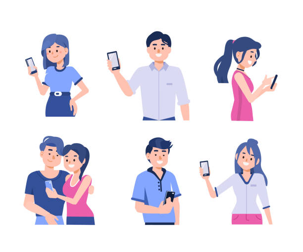 people with smartphones Different people holding smartphones. Flat style vector illustration. woman using phone stock illustrations