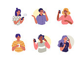 Young People use Smartphones, Chatting, making Selfie and listening Music. Happy Boys and Girls talking and typing on Phone. Female and Male Characters collection. Flat Cartoon Vector Illustration.