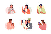 Young People using Smartphones, Chatting and making Selfie. Happy Boys and Girls talking and typing on Phone. Female and Male Characters collection. Flat Cartoon Vector Illustration.
