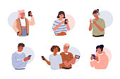 Young Characters are Using Smartphones. Different Boys and Girls Chatting, Making Selfie and Spending Time in Mobile Apps. Diversity People set. Flat Cartoon Vector Illustration.