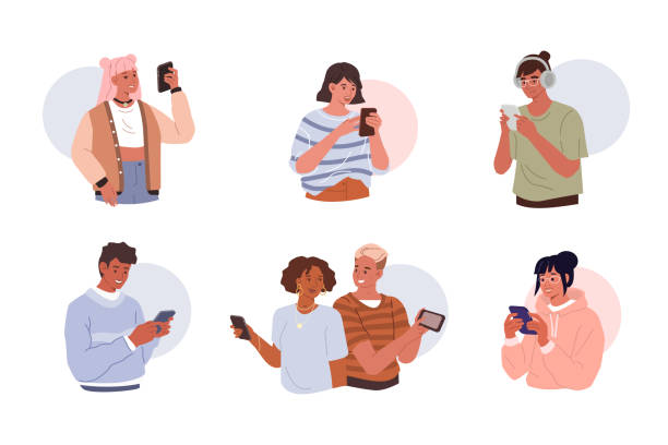 people with smartphones Young Characters are Using Smartphones. Different Boys and Girls Chatting, Making Selfie and Spending Time in Mobile Apps. Diversity People set. Flat Cartoon Vector Illustration. selfie designs stock illustrations