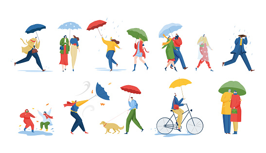 People with umbrella under rain storm wind vector illustration set, cartoon flat characters in raincoats holding umbrellas