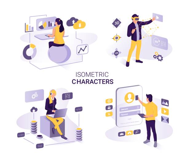 People work and interact with programs, graphics, icons, devices and VR. Data analysis and office situations. Isometric vector illustration set. Header for Mobile and website on white background People work and interact with programs, graphics, icons, devices and VR. Data analysis and office situations. Isometric vector illustration set. Header for Mobile and website on white background virtual reality illustrations stock illustrations