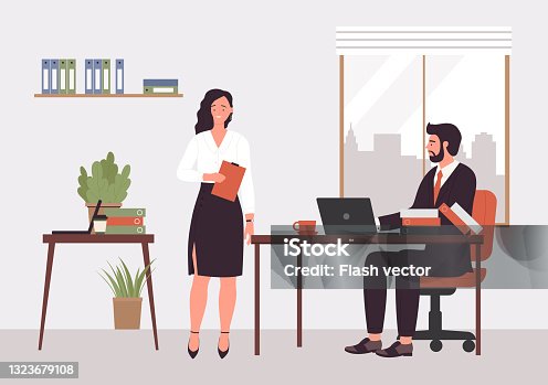 istock People work in director office of modern company, boss sitting at desk with laptop 1323679108