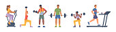 istock People working out in gym using barbells and dumbbells, treadmill running track and bike. Keeping fit and leading active lifestyle. Bodybuilding and strengthening body with exercises. Vector in flat 1363808183