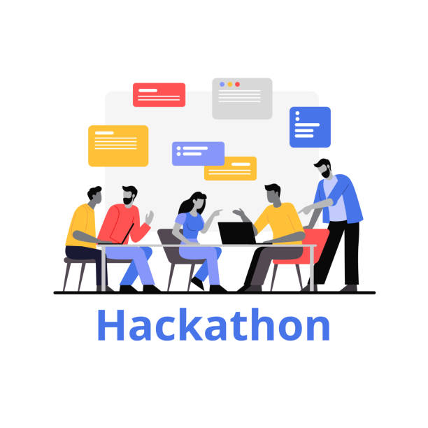 People working together hackathon vector flat illustration. Programmers work with data People working together hackathon vector flat illustration. Cartoon characters work as team development application and software isolated on white background. Programmers work with data hackathon stock illustrations