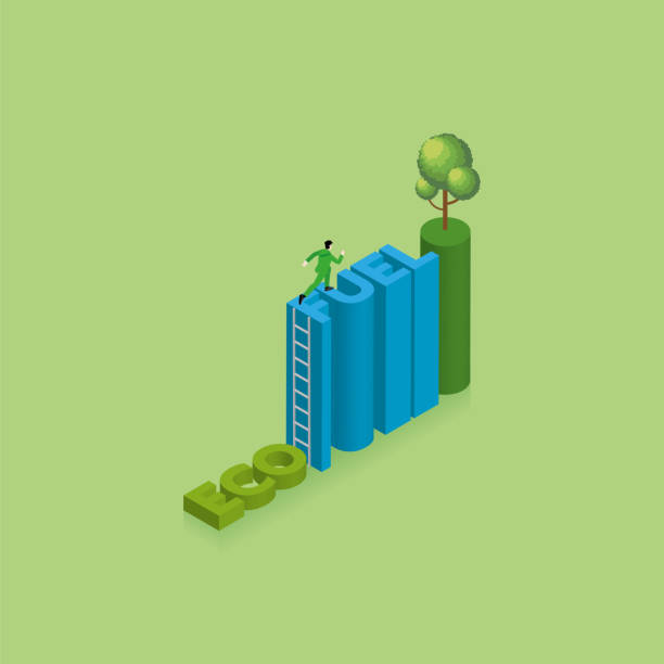 사람들의 라이프 스타일 변화와 녹색 개념. 한 남자가 텍스트 eco를 대상으로 사다리로 fuel이라는 단어까지 올라가는 것을 목표로 합니다. 끝에 나무를 목표로. 환경 문제, 성장, 재활용, 세계를 � - esg stock illustrations