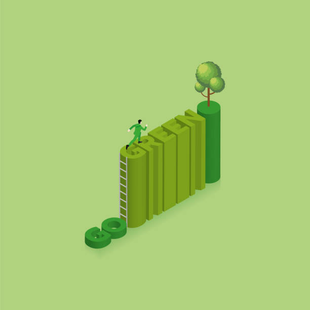 사람들의 라이프 스타일 변화와 녹색 개념. 한 남자가 텍스트 go를 대상으로 사다리로 녹색 단어까지 올라가는 것을 목표로 실행합니다. 끝에 나무를 목표로. 환경 문제, 성장, 재활용, 세계를 저 - esg stock illustrations