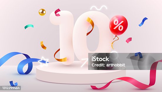 istock 10 percent Off. Discount creative composition. 3d sale symbol with decorative objects, heart shaped balloons, golden confetti, podium and gift box. Sale banner and poster. 1312299464