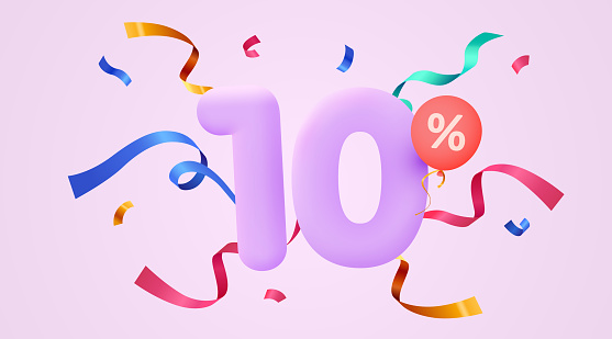 10 percent Off. Discount creative composition. 3d sale symbol with decorative confetti. Sale banner and poster.