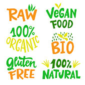 100 Percent Organic, Gluten free, Vegan, Bio, Eco, Natural food sign set, vector stamp sticker, product mark, label, emblem design. Hand drawn lettering, isolated on white background