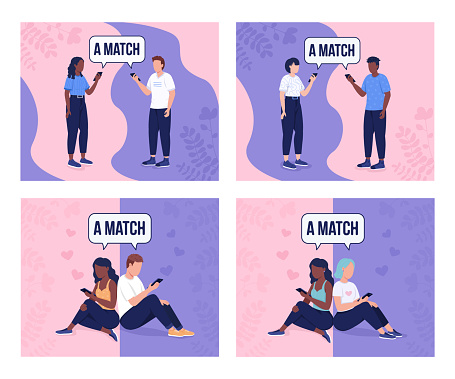 Perfect matching on dating app flat color vector illustrations set