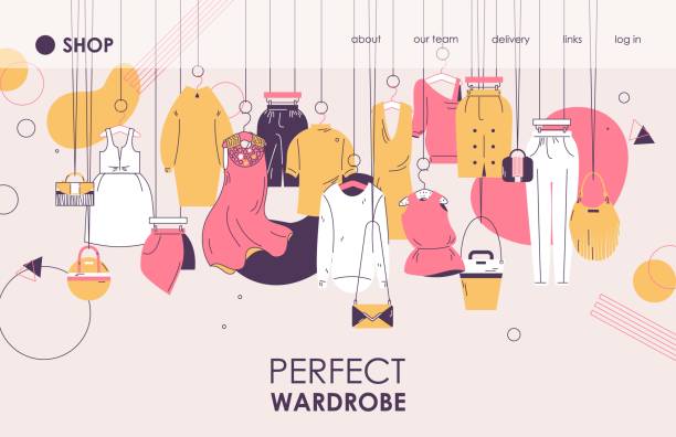 ilustrações de stock, clip art, desenhos animados e ícones de perfect wardrobe vector banner template. outline drawing style, women casual and formal clothes and bags on hangers. pink and yellow fashion elements. - clothes wardrobe