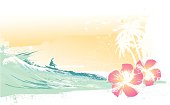 Surfer riding waves with palms and hibiscus, watercolor look