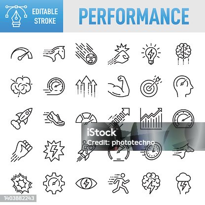 istock Performance - Thin line vector icon set. Pixel perfect. Editable stroke. For Mobile and Web. The set contains icons: Performance, Speed, Growth, Strength, Improvement, Development, Business, Internet, Running, Efficiency, Progress 1403882243