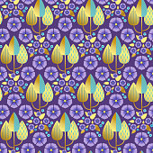seamless repeatable natural geometric pattern, background illustration with periwinkle flowers for textile and other surfaces