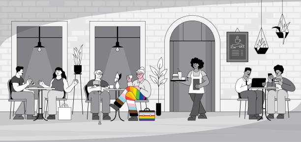 lgbtqia person at a cafe - progress pride flag 幅插畫檔、美工圖案、卡通及圖標