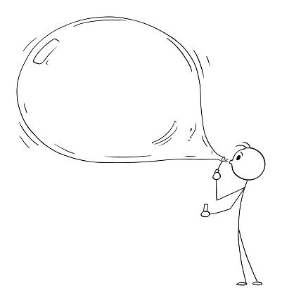 Person Blowing Big Soap Bubble, Vector Cartoon Stick Figure Illustration