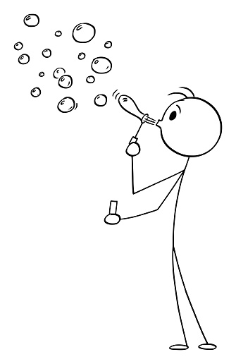 Person Blowing Soap Bubbles, Vector Cartoon Stick Figure Illustration