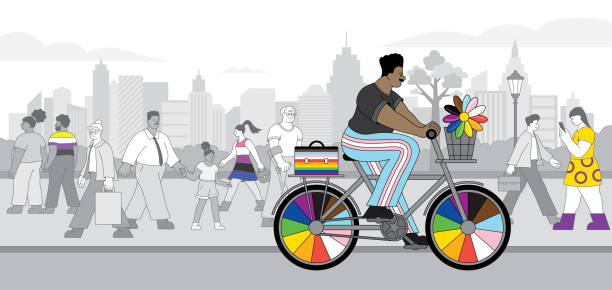 lgbtqia person cycling in the city - progress pride flag 幅插畫檔、美工圖案、卡通及圖標