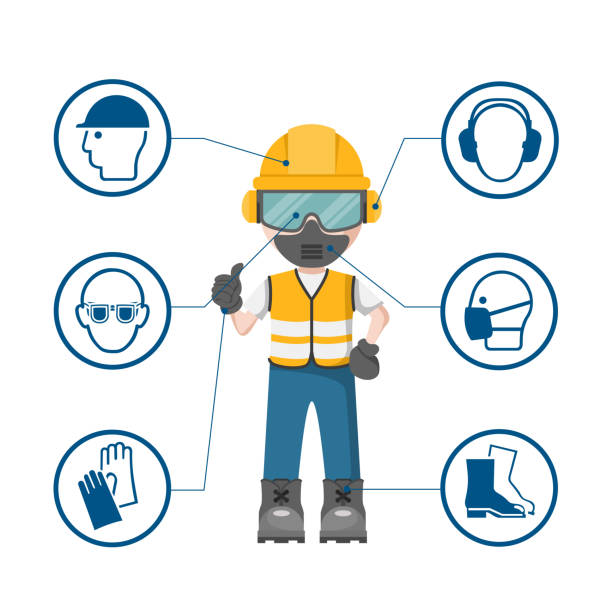 ilustrações, clipart, desenhos animados e ícones de projeto da pessoa com seus equipamento de proteção pessoal e ícones industriais da segurança - segurança do trabalho