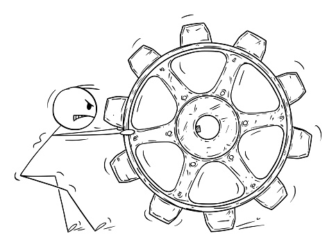 Person Dragging Big Cogwheel, Concept of Problem Solution, Inspiration and Idea, Vector Cartoon Stick Figure Illustration