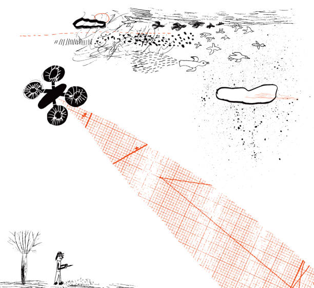 Person flying drone Hand drawn illustration/collage of drone, person controlling it. Concept of spying, people watching or big brother drone patterns stock illustrations
