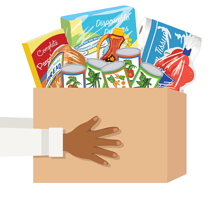 Person Holding A Box Of Food For The Food Bank. Food Drive Design In  Flat Colors