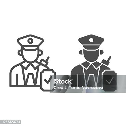 istock Person in uniform with checkmark line and solid icon, Public transport concept, Railway worker sign on white background, train conductor icon in outline style for mobile, web design. Vector graphics. 1257323751