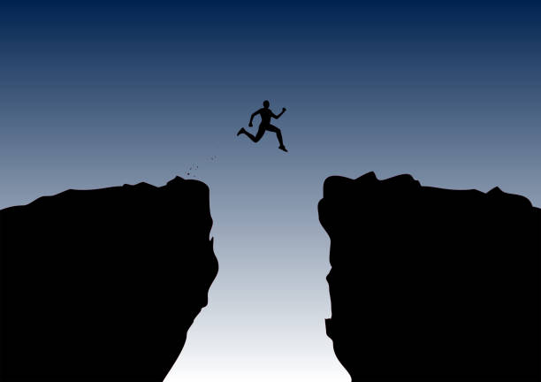 person jumping across canyon or crevice vector illustration person jumping across canyon or crevice from one side to the other, vector illustration crevice stock illustrations