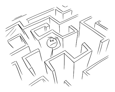 Businessman or person lost in maze or labyrinth looking for way, vector cartoon stick figure or character illustration.