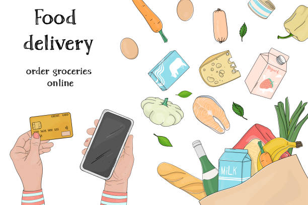 ilustrações de stock, clip art, desenhos animados e ícones de person orders food online by phone and pays with a credit card. food delivery from the supermarket. template. - paper bag craft