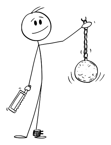 Person Removed Ball and Chain From His Leg, Escaped for Freedom Vector Cartoon Stick Figure Illustration